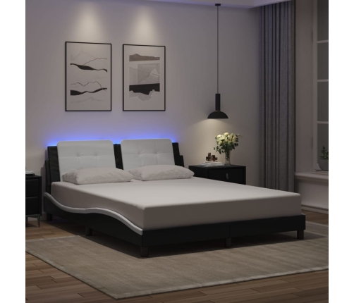 Estructura de cama con luz LED cuero PE negro blanco 160x200 cm