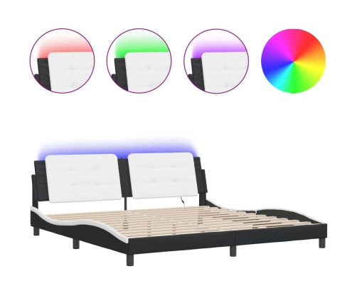 Estructura cama con LED cuero sintético negro blanco 200x200 cm