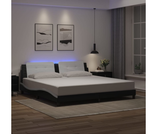 Estructura cama con LED cuero sintético negro blanco 200x200 cm