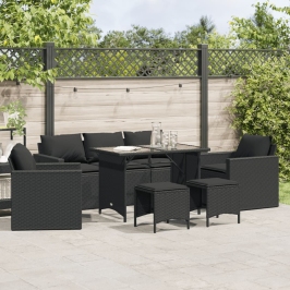 Set de sofás de jardín 6 piezas y cojines ratán sintético negro