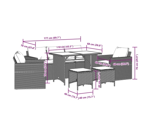 Set de muebles de jardín 6 pzas y cojines ratán sintético gris