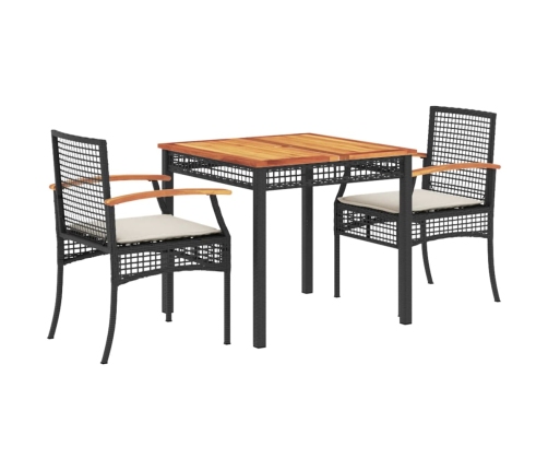 Set comedor de jardín 3 pzas con cojines ratán sintético negro