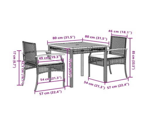 Set comedor de jardín 3 pzas con cojines ratán sintético negro