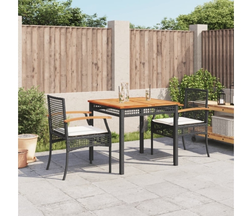 Set comedor de jardín 3 pzas con cojines ratán sintético negro