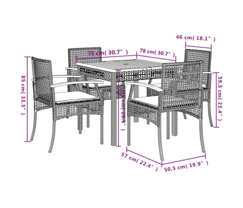 Set de muebles jardín 5 pzas con cojines ratán sintético negro