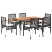 Set de comedor de jardín 7 pzas y cojines ratán sintético negro