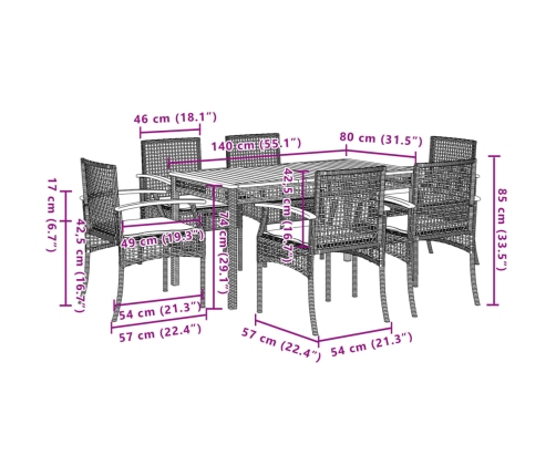 Set de comedor de jardín 7 pzas y cojines ratán sintético negro