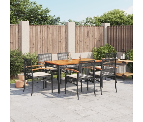 Set de comedor de jardín 7 pzas y cojines ratán sintético negro