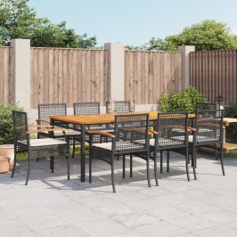 Set de comedor de jardín 9 pzas y cojines ratán sintético negro