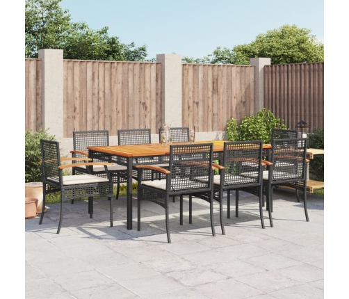 Set de comedor de jardín 9 pzas y cojines ratán sintético negro