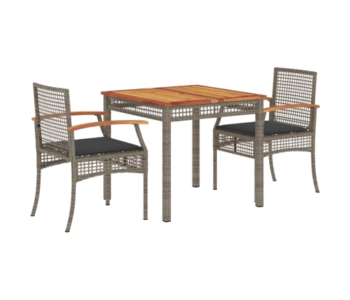 Set comedor de jardín 3 piezas con cojines ratán sintético gris