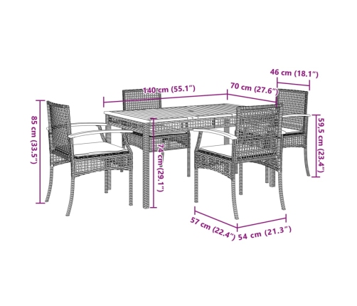 Set comedor de jardín 5 piezas con cojines ratán sintético gris