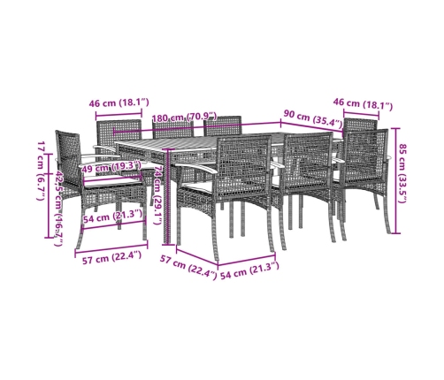 Set comedor jardín 9 pzas y cojines ratán sintético gris