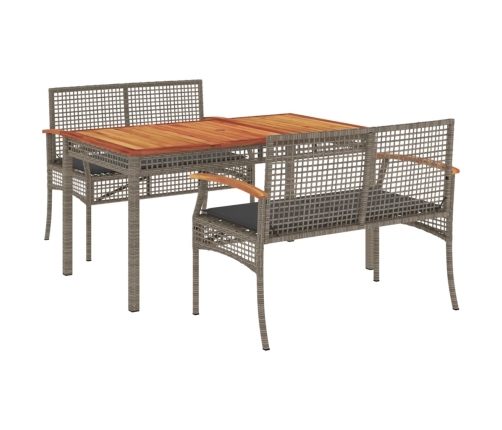 Set comedor de jardín 3 piezas con cojines ratán sintético gris