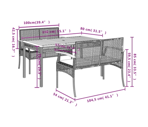 Set comedor de jardín 3 piezas con cojines ratán sintético gris