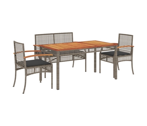 Juego de comedor de jardín 4 piezas con cojines ratán PE gris