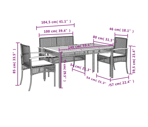 Juego de comedor de jardín 4 piezas con cojines ratán PE gris