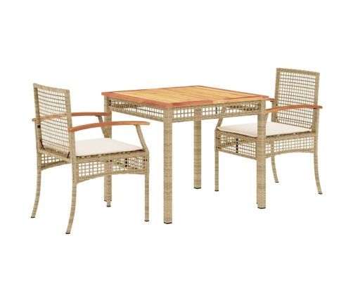 Set comedor de jardín 3 pzas con cojines ratán sintético beige