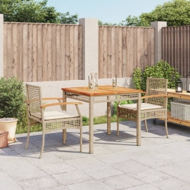 Set comedor de jardín 3 pzas con cojines ratán sintético beige