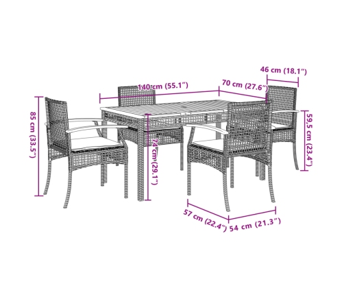 Set comedor de jardín 5 pzas con cojines ratán sintético beige