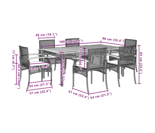Set comedor de jardín 7 pzas con cojines ratán sintético beige