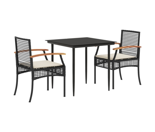 Set comedor de jardín 3 pzas con cojines ratán sintético negro