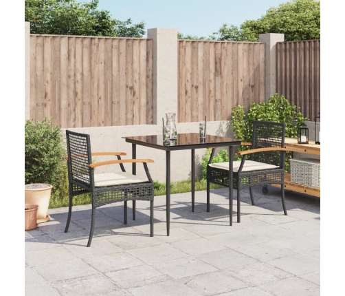Set comedor de jardín 3 pzas con cojines ratán sintético negro