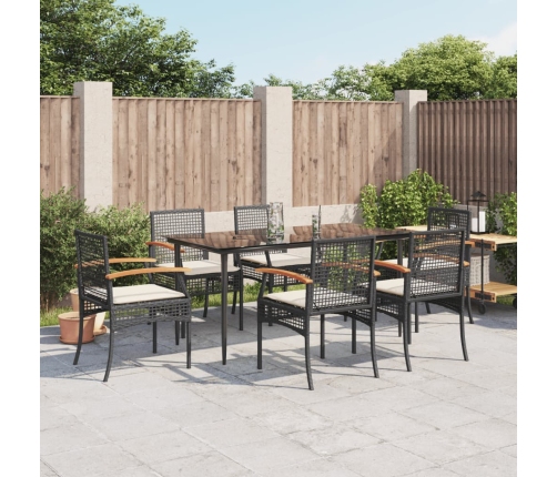 Set de comedor de jardín 7 pzas y cojines ratán sintético negro