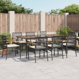 Set de comedor de jardín 9 pzas y cojines ratán sintético negro