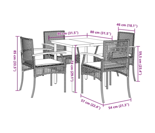 Set de muebles jardín 5 pzas con cojines ratán sintético negro