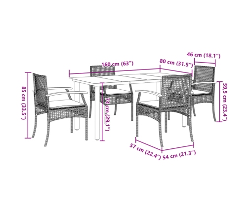 Set de muebles jardín 5 pzas con cojines ratán sintético negro