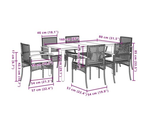 Set de comedor de jardín 7 pzas y cojines ratán sintético negro