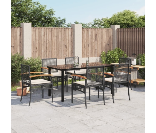 Set de comedor de jardín 7 pzas y cojines ratán sintético negro