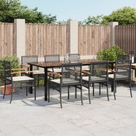 Set de comedor de jardín 9 pzas y cojines ratán sintético negro