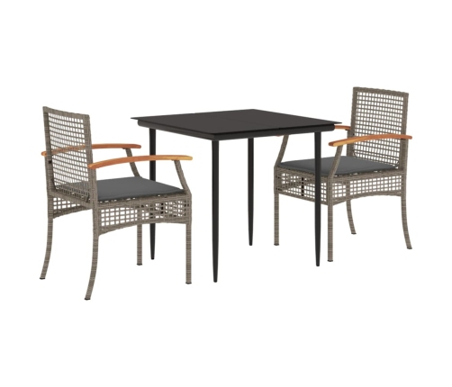 Set comedor de jardín 3 piezas con cojines ratán sintético gris