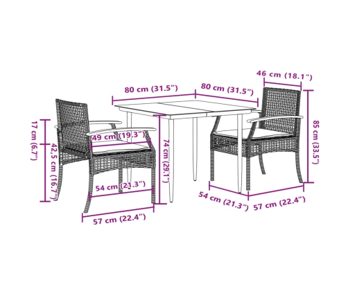 Set comedor de jardín 3 piezas con cojines ratán sintético gris