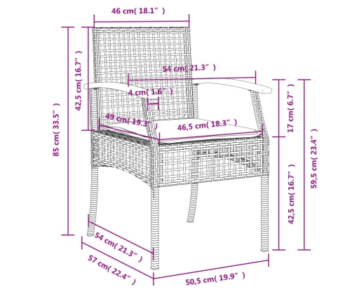 Set comedor de jardín 3 piezas con cojines ratán sintético gris