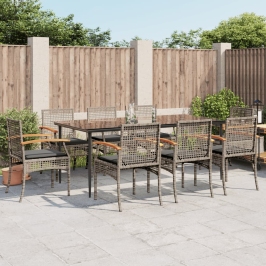 Set comedor jardín 9 pzas y cojines ratán sintético gris