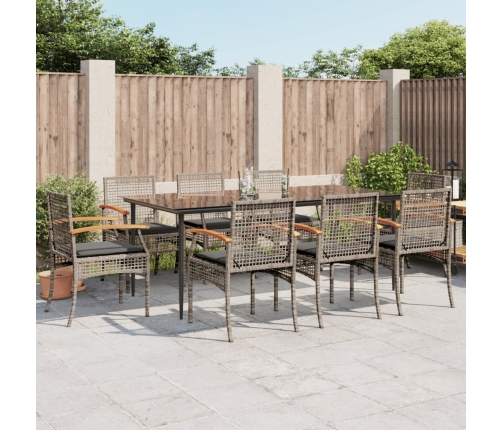 Set comedor jardín 9 pzas y cojines ratán sintético gris