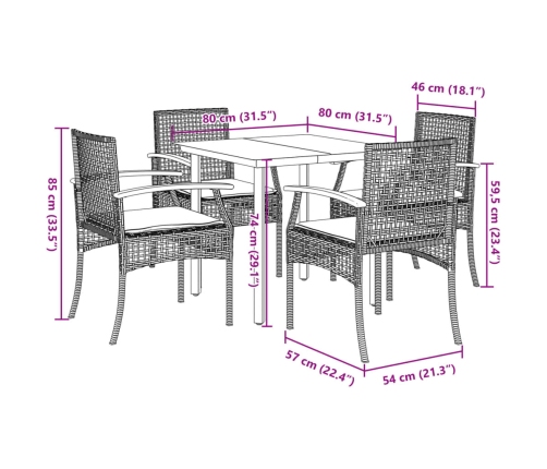 Set comedor de jardín 5 piezas con cojines ratán sintético gris