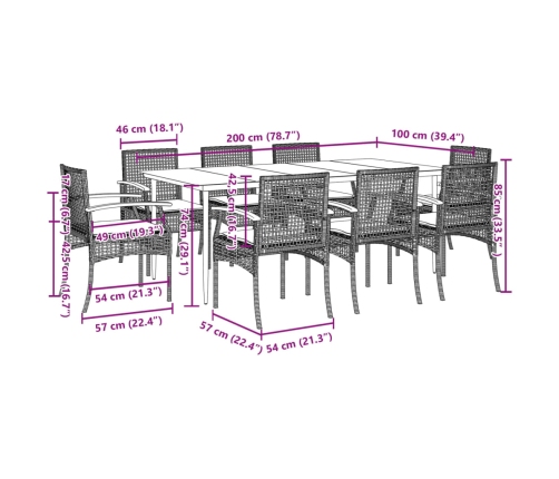 Set comedor de jardín 9 pzas con cojines ratán sintético beige