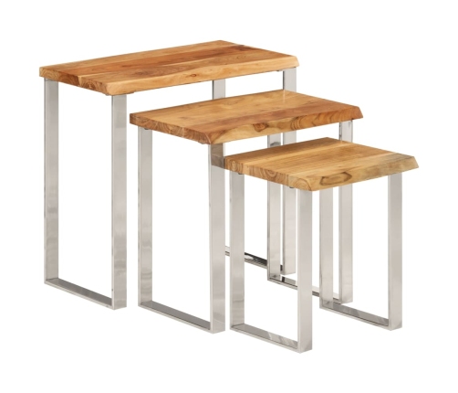 Set de 3 mesas apilables con borde natural madera maciza acacia