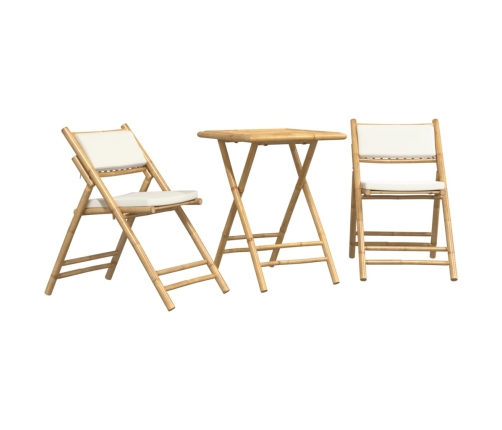 Juego bistró plegable de bambú 3 pzas con cojines blanco crema