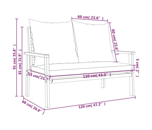 Set de muebles para jardín 3 piezas con cojines madera acacia