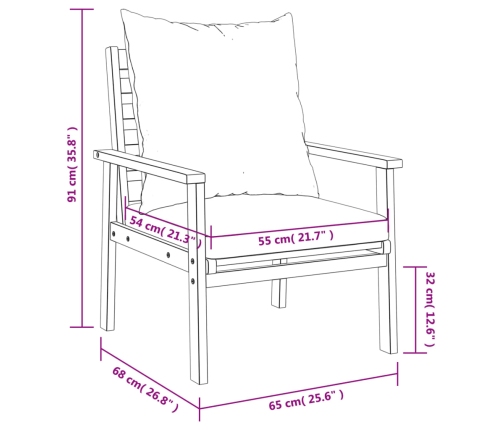 Sillón de jardín con cojines 2 uds madera maciza acacia