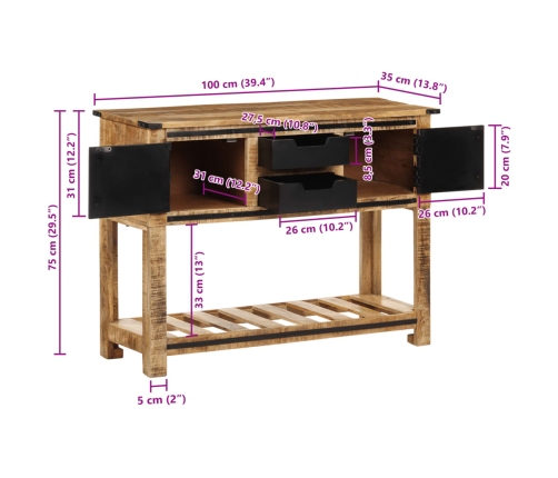 Mesa consola de madera maciza de mango 100x35x75 cm