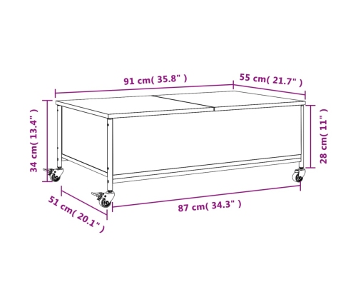 vidaXL Mesa de centro con ruedas madera ingeniería negro 91x55x34 cm