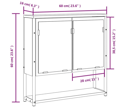 Armario con espejo de baño madera ingeniería negro 60x16x60 cm