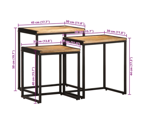 Mesas apilables 3 piezas madera maciza de mango rugosa