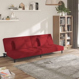 Sofá cama de 2 plazas con dos almohadas terciopelo rojo tinto